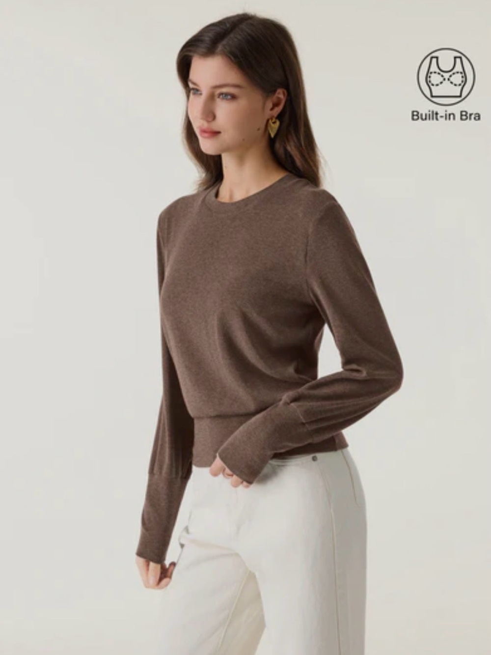 OGL Brown Long-Sleeve Knit Top with Built-In Bra
